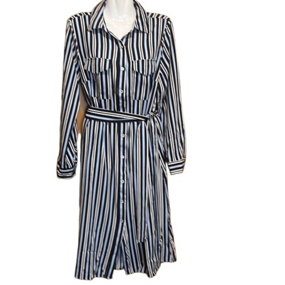 NY Collection Striped Shirt Dress Women's M Belted Long‎ Sleeve NWT